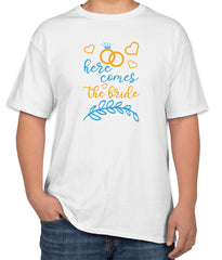 White Cotton T-Shirt with "Here Comes the Bride" Text | Half Sleeve | Sizes S, M, L