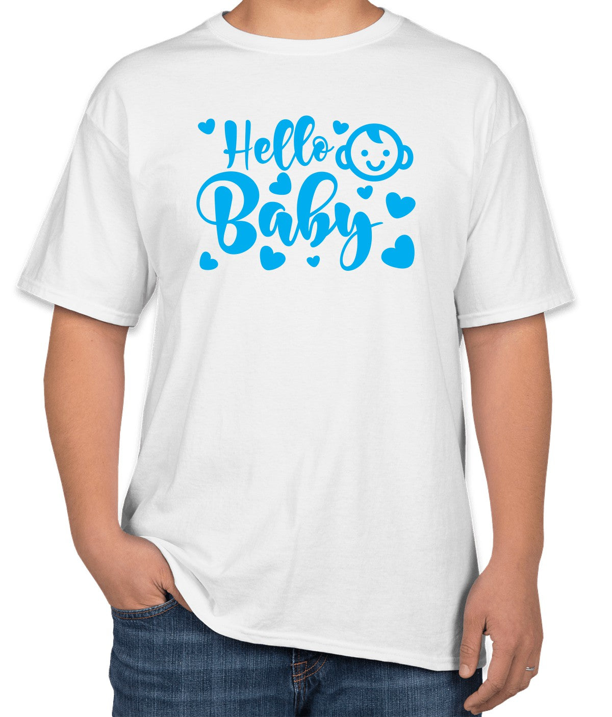 White Cotton T-Shirt for Baby Showers | 'Hello Baby' with Baby Head Icon | Sizes S, M, L