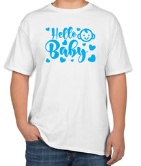 White Cotton T-Shirt for Baby Showers | 'Hello Baby' with Baby Head Icon | Sizes S, M, L