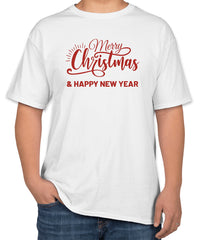 White Cotton T-Shirt with 'Merry Christmas & Happy New Year' Text | Sizes S, M, L