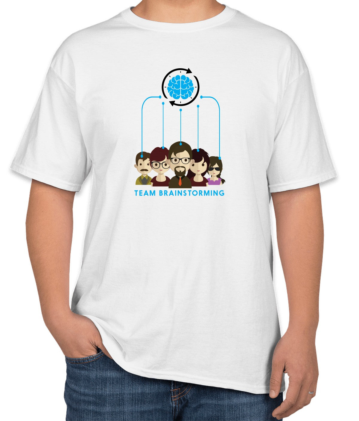 White Cotton T-Shirt with 'Team Brainstorming' Text | Sizes S, M, L