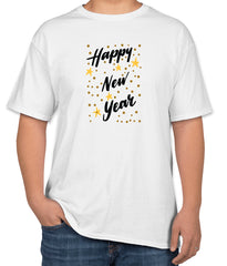 White Cotton 'Happy New Year' T-Shirt | Festive New Year Apparel | Sizes S, M, L
