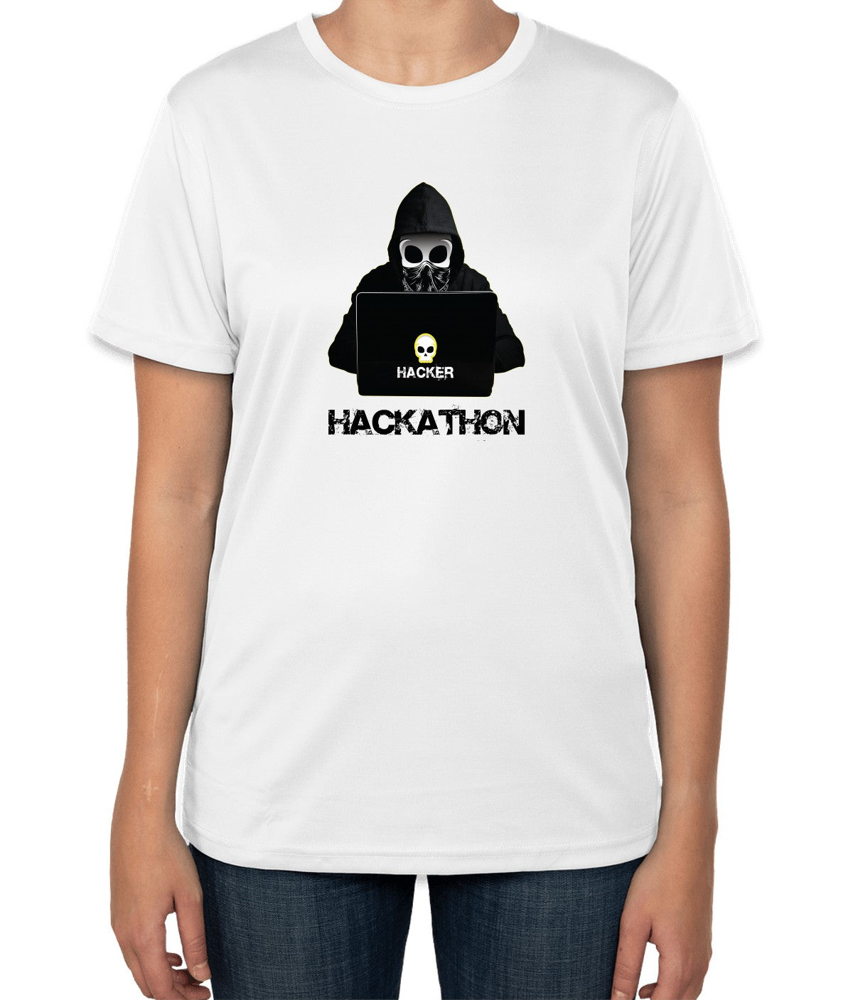 White Cotton T-Shirt with 'Hackathon' Text and Hacker Silhouette | Sizes S, M, L