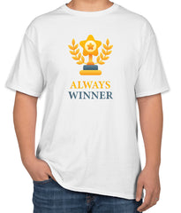 White Cotton T-Shirt with 'Always Winner' Text and Trophy Icon | Championship Tee | Sizes S, M, L