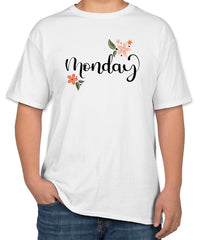 White Cotton T-Shirt with 'Monday' Text | Daily Routine Wear | Sizes S, M, L