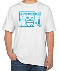 White Cotton T-Shirt with 'Streaming & Snacking' Text | Movie Night Apparel | Sizes S, M, L