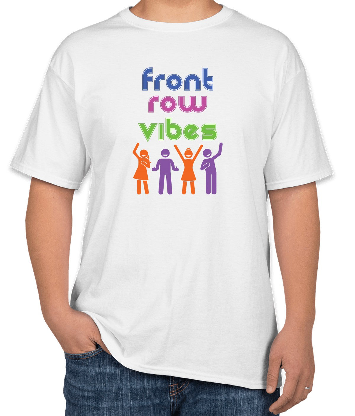 White Cotton T-Shirt with 'Front Row Vibes' Text and Icons | Concert & Live Show Apparel | Sizes S, M, L