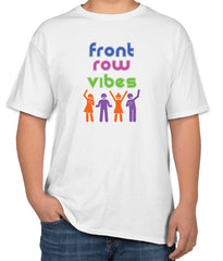 White Cotton T-Shirt with 'Front Row Vibes' Text and Icons | Concert & Live Show Apparel | Sizes S, M, L